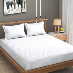 Bedbathandbliss White Striped Cotton 300 TC Super King Bedsheet Set 2.74 m x 2.74 m-image-52