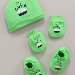 Simply Cotton Knit Cap Mitten & Booties Text Print Green - Cap Diameter 10.5 cm-10