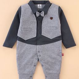 Mini Taurus Cotton Full Sleeves Stripped Party Romper with Attached Waistcoat and Bow Applique - Ash Grey-image-55