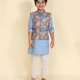 Lil Pitaara Full Sleeves Chevron Design Kurta With Floral Printed Asymmetrical Jacket & Pajama - Blue-picture-38