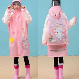 Babyhug Full Sleeves Knee Length Hooded Raincoat Elephant Print - Peach-image-28