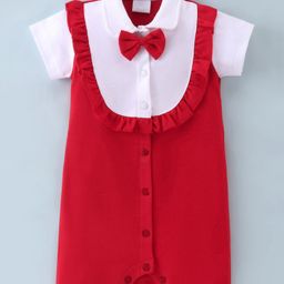 Kookie Kids Cotton Knit Half Sleeves Romper with Frill Detailing & Bow Applique - Multicolour-image-68