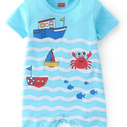 Babyhug 100% Cotton Interlock Knit Half Sleeves Romper Ship Print - Blue-image-9