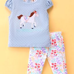 ToffyHouse Cap Sleeves Top & Legging Set with Unicorn Embroidery & Floral Print - Blue & White-image-42