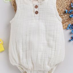 Cot & Candy Sleeveless Round Neck Solid Muslin Romper  -Milk-image-4