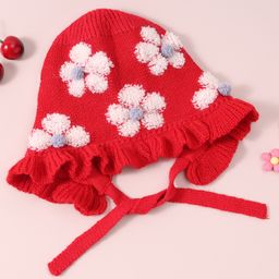 Babyhug  Floral Design Woollen Cap - Red-image-60