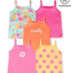 Babyhug 100% Cotton Knit Anti Bacterial Sleeveless Slips with Floral and Polka Dots Print Pack of 5 - Multicolor-image-93