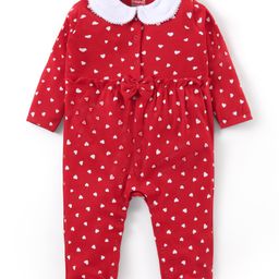 Babyhug Cotton Knit Full Sleeves Peter Pan Collared Sleep Suit With Hearts Print - Red-image-61