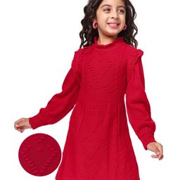 Hola Bonita Knitted Full Sleeves Solid Color Winter Frock with Cable Knit Design- Red-image-45
