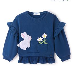 Babyoye 100% Cotton Knit Full Sleeves Drop Shoulder Sweatshirt with Bunny & Floral Embroidery - Navy Blue-image-80