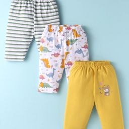 OHMS Single Jersey Knit Full Length Striped Dino & Bear Printed Lounge Pant Pack of 3 - Yellow & White-image-15
