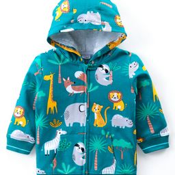 Babyhug Cotton Knit Full Sleeves Hooded Sweatjacket With Kangaroo Pockets Animal Print - Green-image-97