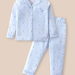 Ollypop Sinker Knit Full Sleeves Front Open Night Suit with Heart Print - Light Blue-image-65