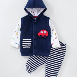 Wonderchild Velour Car Patch Detailed Hooded Jacket With Full Sleeves Tee & Striped Pant - Navy Blue-image-22