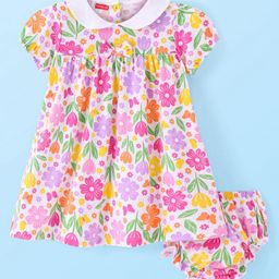 Babyhug Cotton Knit Half Sleeves Pter Pan Collared Floral Printed Frock with Bloomer - White-image-105