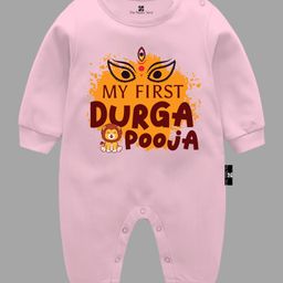 The Peppy Tend Durga Pooja Theme 100% Cotton Full Sleeves My First Durga Pooja Text Printed Romper - Pink-picture-41