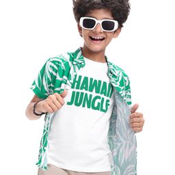 Pine Kids Viscose Woven Half Sleeves Tropical Theme Print Shirt with Sleeveless Inner T-Shirt - Green & White-image-107