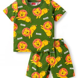 Babyhug Cotton Knit Half Sleeves Shorts Night Suit With Lion Print - Green-image-97