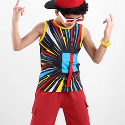 OLLINGTON ST. Cotton Knit Sleeveless Printed Tank T-Shirt & Shorts - Multicolor & Red-picture-16