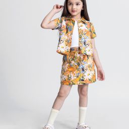 Taffykids Dobby Half Sleeves Floral Printed Shirt & Coordinating Skirt With Inner Top - Yellow & Multi Colour-image-51