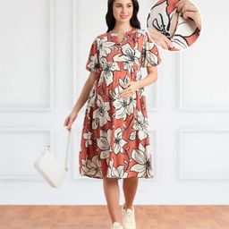 Bella Mama Woven Half Sleeves Maternity Dress With Floral Print and Pockets - Coral-image-86