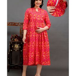 CeleBravo Cotton Three Fourth Sleeves Abstract Printed Maternity Dress With Nursing Access - Pink-picture-7