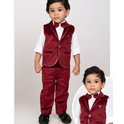LITTLE COLLARS Velvet Full Sleeves Sequins Embellished 3 Piece Party Suit Set With Bow - Maroon-image-65