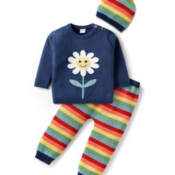 Babyhug Knitted Full Sleeves Pullover Striped Sweater Set with Cap & Floral Design - Navy Blue-image-84