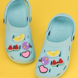 Yellow Bee Solid Clogs With Fruits Candy & Heart Charm - Blue-image-55