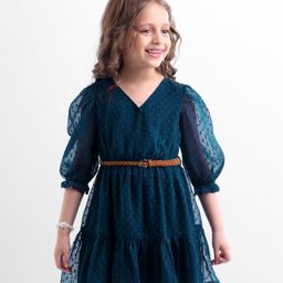 Hola Bonita Woven Three Forth Sleeves Solid Coloured Frock With Belt - Teal-image-32