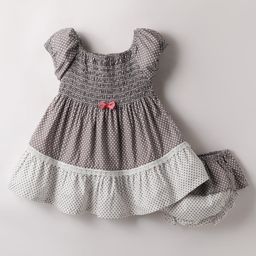 Dew Drops Cotton Knit Half Sleeves Smocked Frock With Bloomer & Polka Dots Print - Grey-image-64