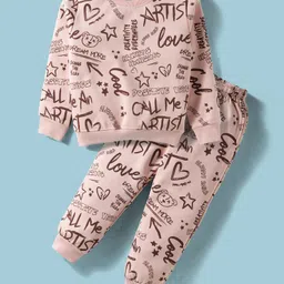Smarty Girls Fleece Knit Full Sleeves Co-ord Winter Night Suit with Artist Text Print - Pink-picture-1