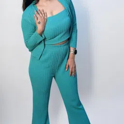 HOW House Of Wear Self Design Shoulder Straps Crop Top & Trousers With Shrug-picture-8