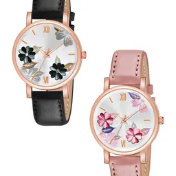 JUST LIKE Girls Printed Dial & Stainless Steel Straps Analogue Watch 81-flowers pink & Black combo 2-picture-14