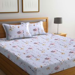Myntra Elegant Homes Blue & White Floral 300 TC King Bedsheet with 2 Pillow Covers-image-80