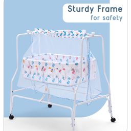 Babyhug Little Dreams Cradle with Mosquito Net & Wheels - Blue image 5