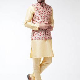 SOJANYA Men Golden-Coloured & Red Solid Kurta with Churidar & Nehru Jacket image 4