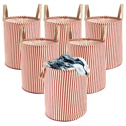Kuber Industries Maroon 6 Pieces Striped Cotton Foldable Laundry Bags With Handles-49