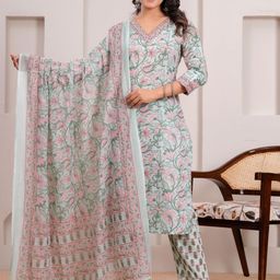 RANI PRINTS Floral Printed V Neck Pure Cotton Kurta With Trousers & Dupatta-picture-23