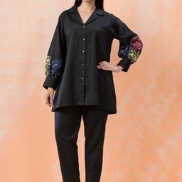 AUTUMN LANE Floral Embroidered Lapel Collar Bishop Sleeves Pure Cotton Co-Ords-image-14