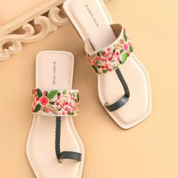 Earthy Touch Premium Slip On Ethnic Wear Mojaris with Floral Embroidery - Beige Green-image-3