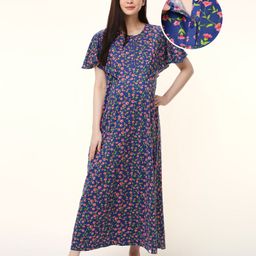 Bella Mama Cotton Knit Floral Printed Half Sleeves Nighty with Front Placket - Navy-picture-36