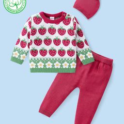 Babyhug Organic Cotton Knit Full Sleeves Sweater Set with Cap Strawberry Design - Pink & White-image-55