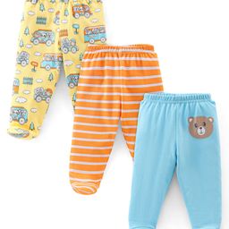 Babyhug Cotton Knit Footed Bootie Leggings Bear & Vehicles Printed Set of 3 - Blue Orange & Yellow-image-28