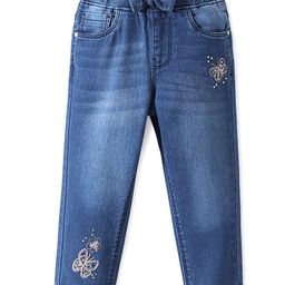 Babyhug Denim Washed Full Length Stretchable Jeans with Butterfly Embroidery -Blue-image-75