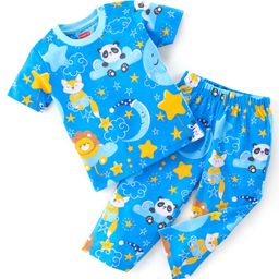 Babyhug Cotton Single Jersey Knit Half Sleeves Night Suit Panda Print - Blue-picture-22