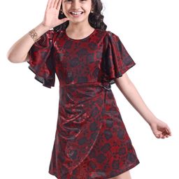 Hola Bonita Knit Cowl Flare Sleeve Knee Length Party Dress Floral Print & Glitter Detailing -  Red-picture-21