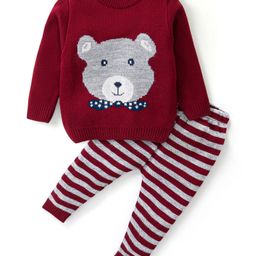 Babyhug Knitted Full Sleeves Sweater Set Stripes & Bear Design - Maroon-image-31