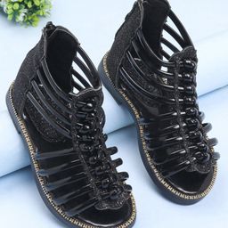 Oh! Pair Sandals with Back Zipper Closure Shimmer Detailing - Black-image-71