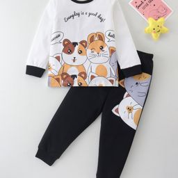 BLUSHES Sinker Knit Full Sleeves Hamsters Printed Night Suit - White & Black-image-71